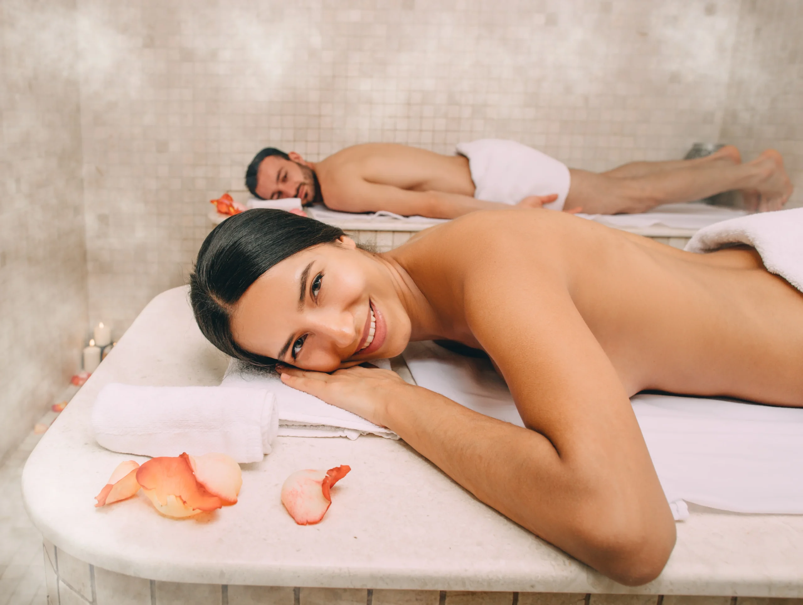 Beautiful woman and her boyfriend enjoy a Turkish bath. Hot steam warmed the bodies of a man - Start the New Year Radiant: How a Ciao Bella Spa Reset Sets the Tone for 2026 - Ciao Bella Salon Spa