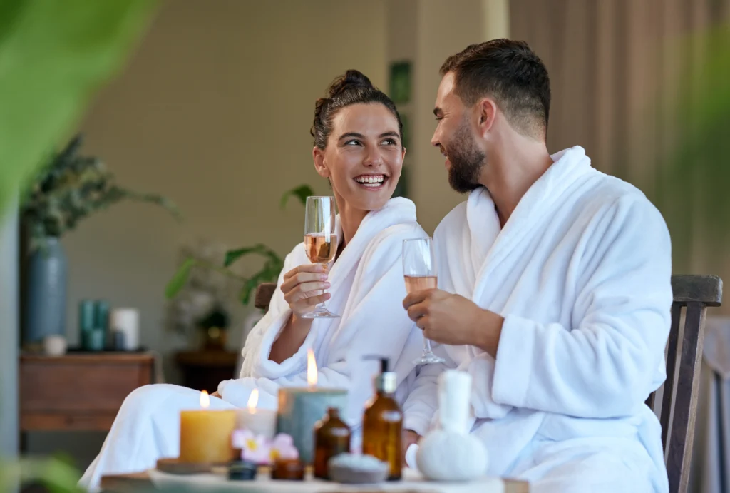 Why Islamorada Is the Ideal Destination for a Romantic Spa Day 1 Couple drinking sparkling wine at spa - Why Islamorada Is the Ideal Destination for a Romantic Spa Day - Ciao Bella Islamorada