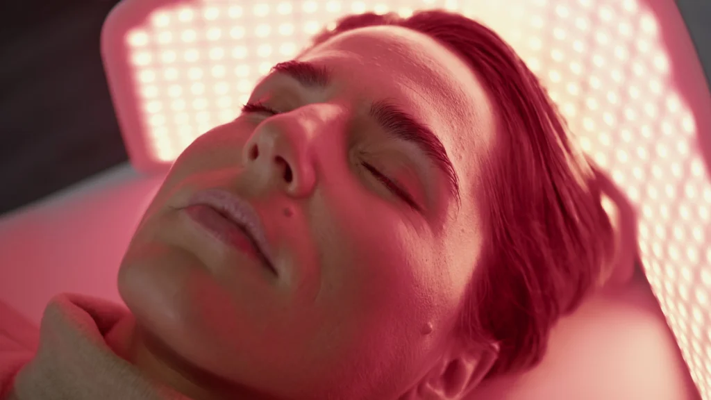 woman relaxing led light on photodynamic procedure - How Can You Clean Clogged Pores From Sunscreen and Sweat?